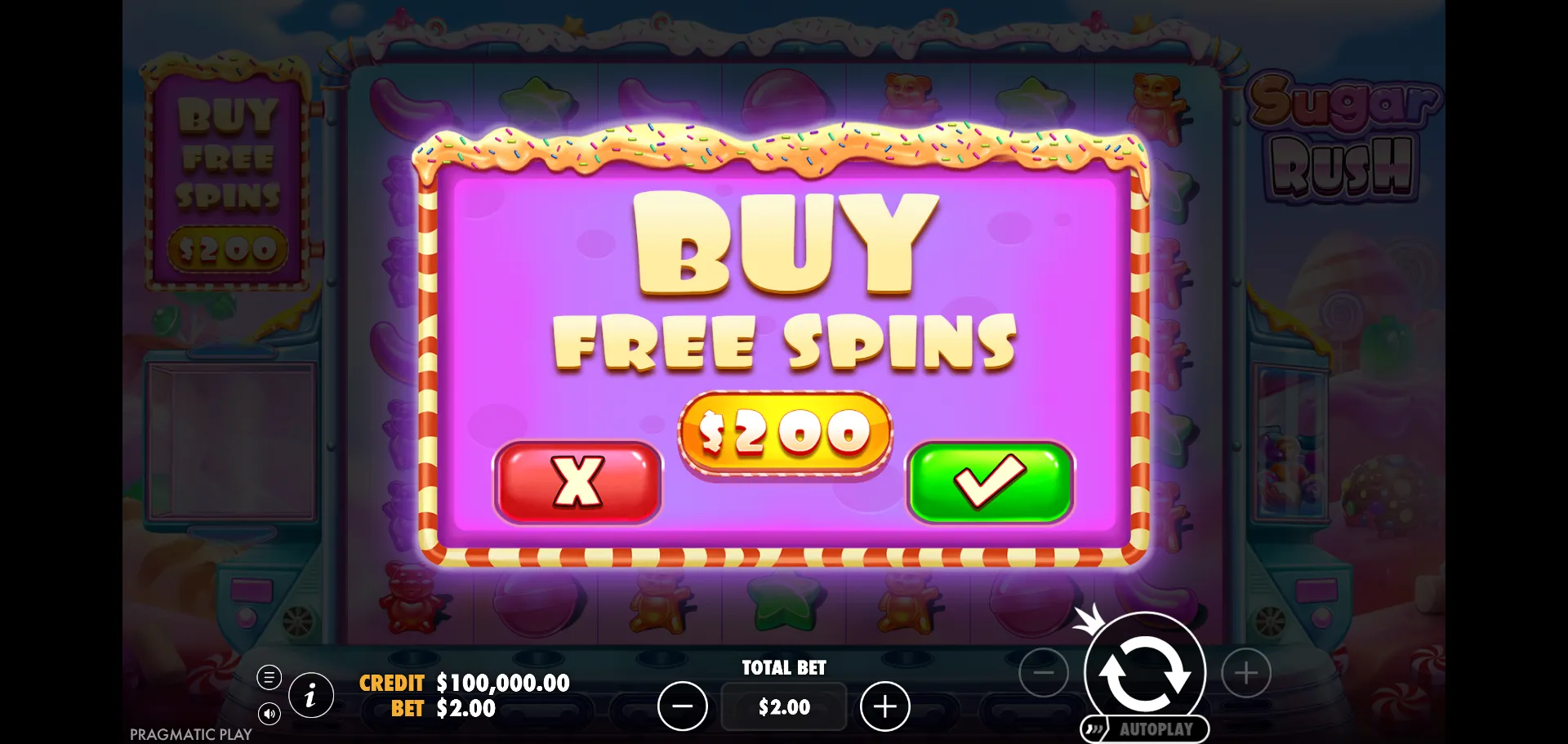 Sugar Rush BUY FREE SPINS confirmation modal - $200 cost displayed at $2.00 stake with green check and red X buttons