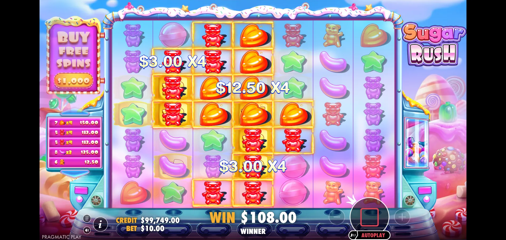 Sugar Rush base game tumble chain with three simultaneous cluster wins shown with active multiplier spots on each at the $10 bet level