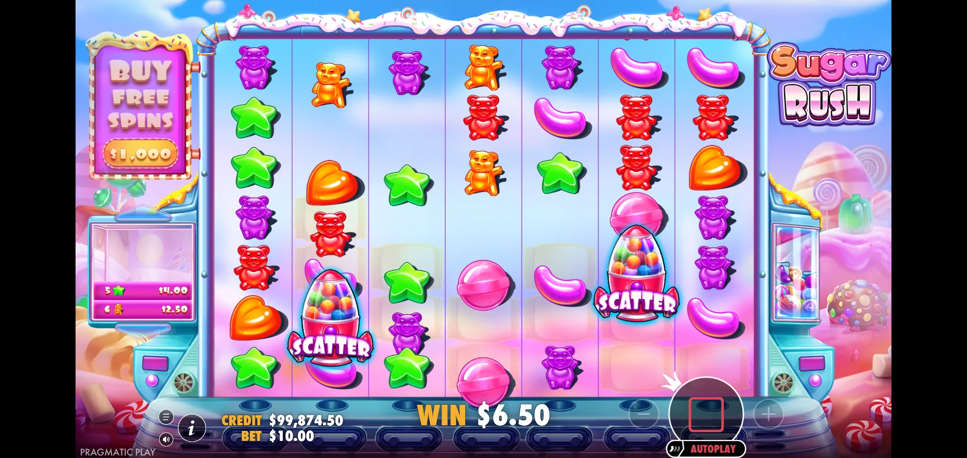 Sugar Rush base game spin with two visible SCATTER symbols on the candy grid and a small cluster win paying $6.50 at $10 bet