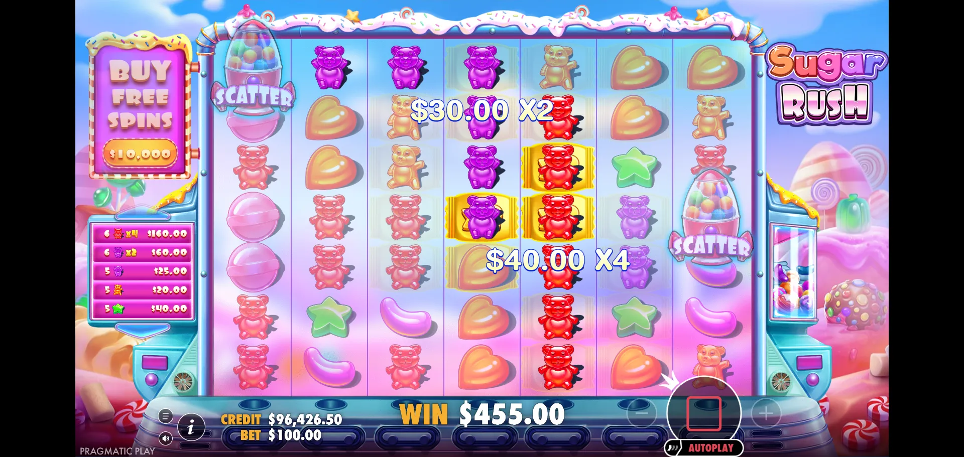 Sugar Rush 7x7 candy grid mid-tumble with two simultaneous cluster wins and active multiplier spots